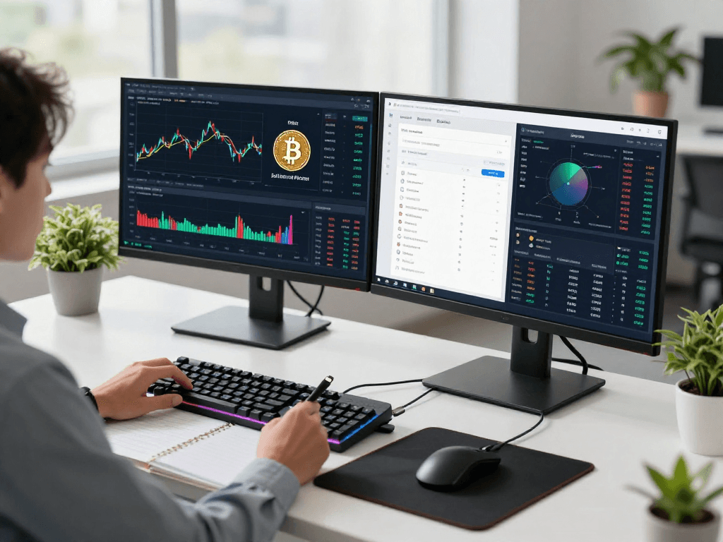 metatrader 5 官网的多屏幕加密货币交易工作环境，展示实时比特币价格图表和DeFi分析仪表盘