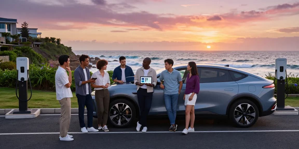 Innovative electric vehicle showcasing advanced EV technology with diverse professionals discussing battery performance at sunset by the coast.