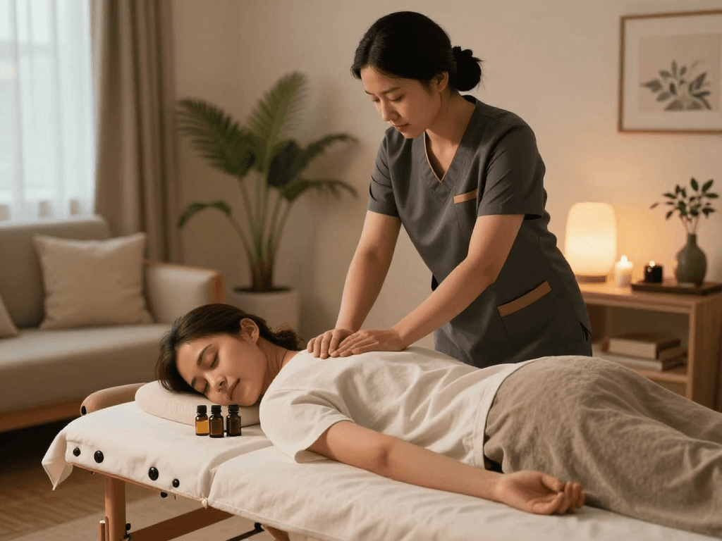 Enjoying a premium 파주출장마사지 experience at home with professional therapist in a serene setting.