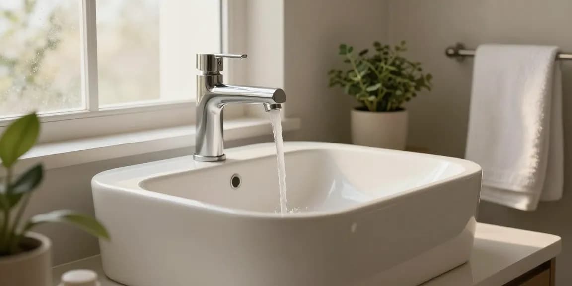 Ablution wash basin with flowing water in a serene bathroom setting, soft towel and greenery.