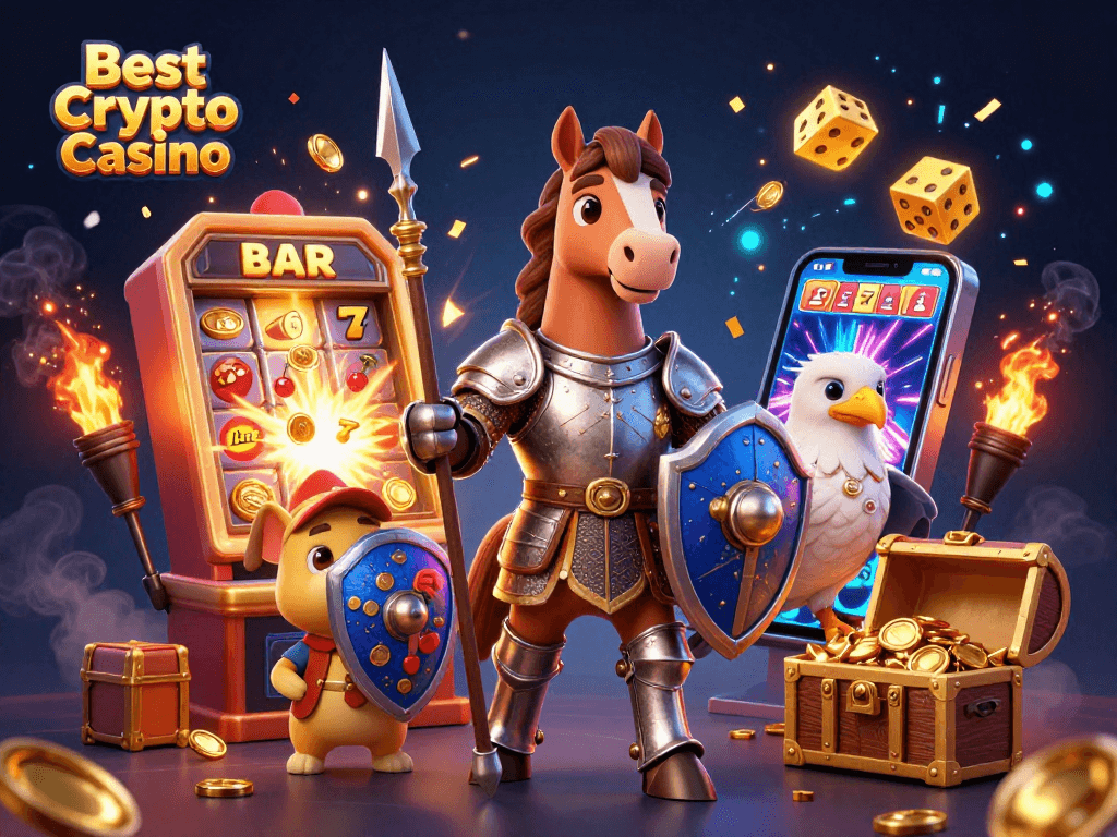 Spin and win at the Best Crypto Casino with vibrant characters and dynamic gaming action.