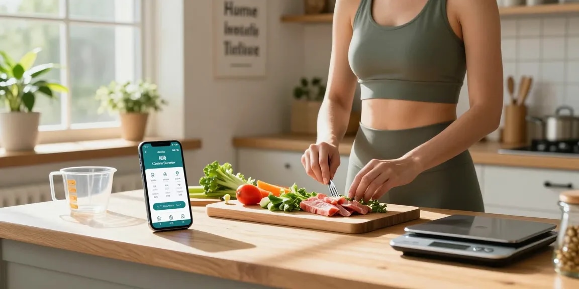 The best weight loss app displayed on a smartphone in a bright kitchen, where a person prepares a healthy meal, emphasizing nutrition and fitness.
