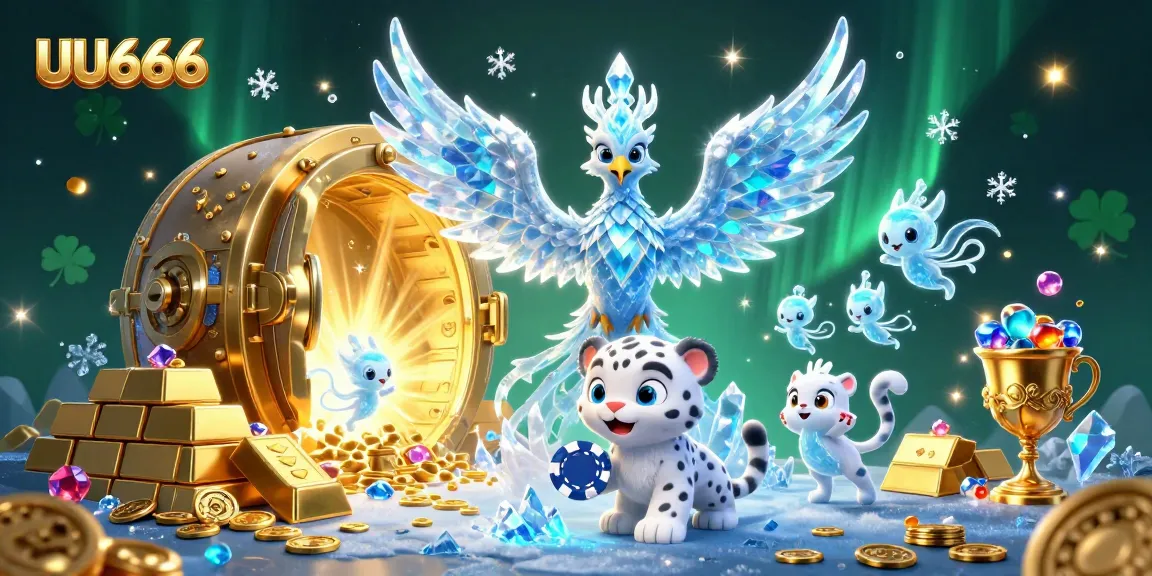 Experience the thrill of UU666 with a dazzling 3D scene featuring an ice phoenix, poker chips, and treasure vaults.