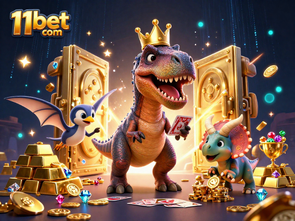 Experience the thrill of 11bet com with friendly cartoon dinosaurs in a lavish casino scene.