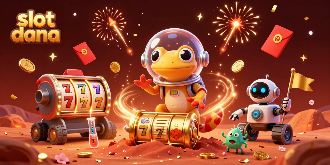 Gecko Mars menemukan kasino slot dengan simbol 7 keberuntungan dan bendera emas, memeriahkan permainan slot dana