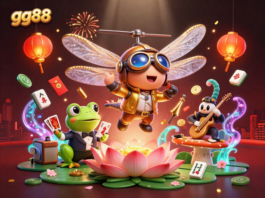 Experience thrilling gameplay at gg88 with a vibrant dragonfly pilot, frog croupier, and lively jazz musicians.