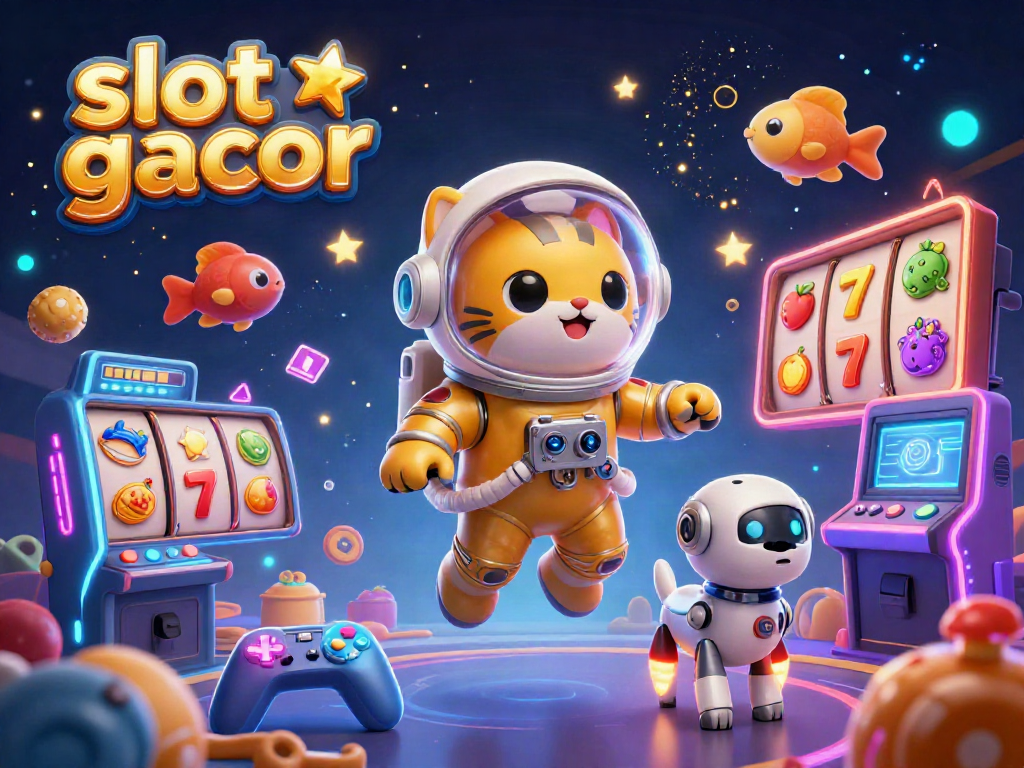 Experience the thrill of slot gacor with a colorful 3D casino scene featuring unique characters and jackpot elements.