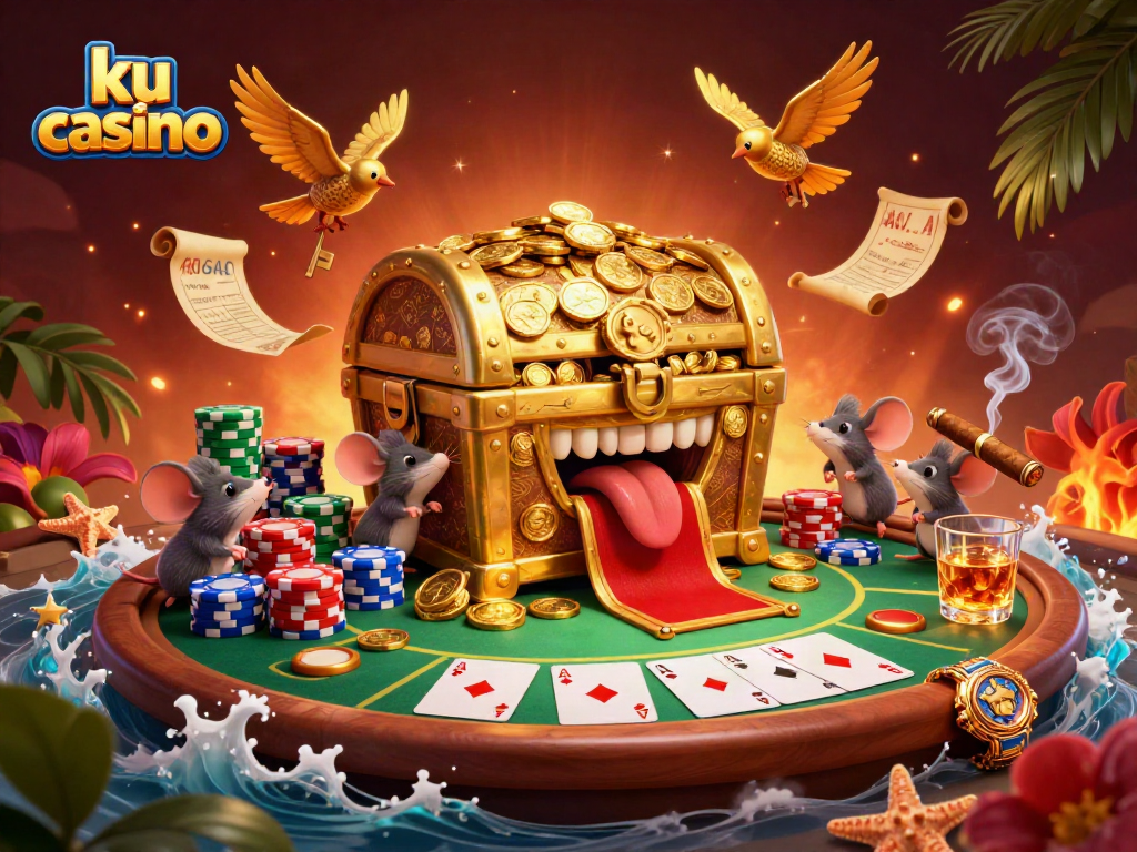 Engage with the thrilling ku casino world featuring golden treasure chests and poker excitement.