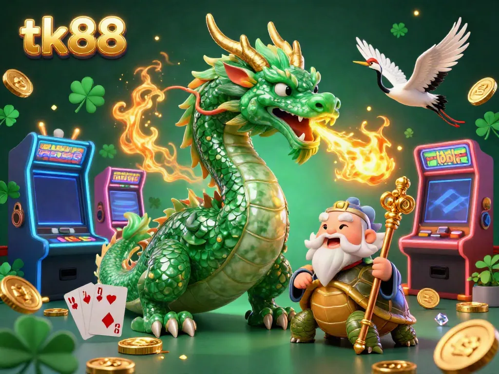 Experience the thrilling world of tk88 with a jade dragon, lucky cranes, and casino gaming ambiance.