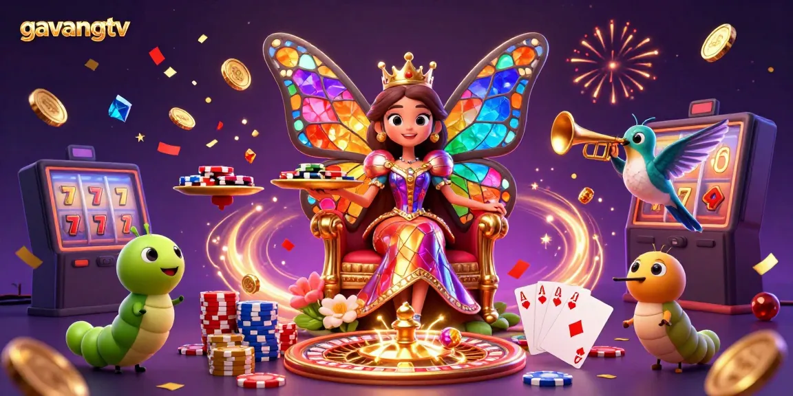 Experience the excitement of gambling with gavangtv, featuring vibrant 3D illustrations of a butterfly queen among poker elements and confetti.