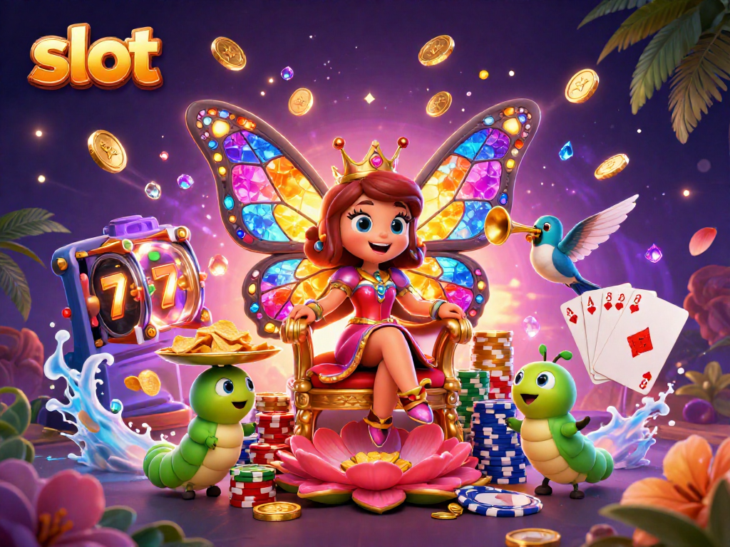 Menggunakan slot, ilustrasi 3D menampilkan ratu kupu-kupu dengan sayap warna-warni di tahta, dikelilingi koin emas dan chip poker.