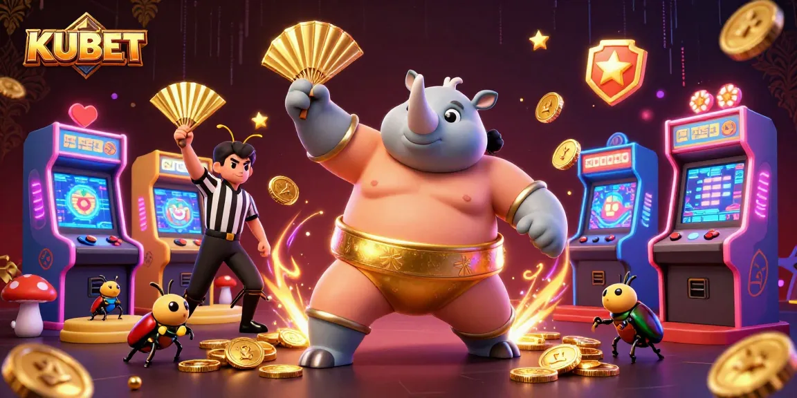 KUBET Casino features a vibrant scene of a sumo champion beetle and arcade elements bringing excitement to betting.