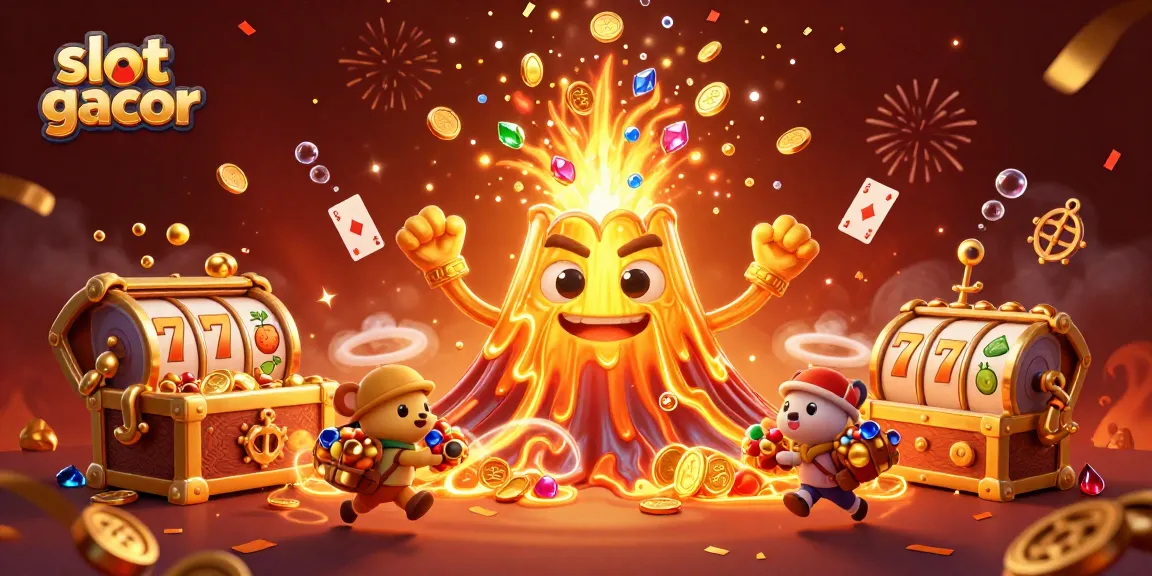 Spin the reels of slot gacor with an erupting golden volcano and treasure-filled scene.