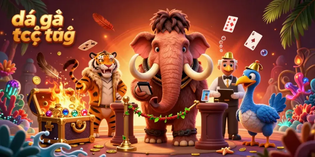 Engage in đá gà trực tiếp with vibrant characters and dynamic action in a 3D illustrated scene.