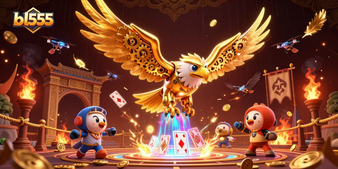 Experience thrilling action with bl555's dynamic casino scene featuring a golden eagle flying through holographic cards.
