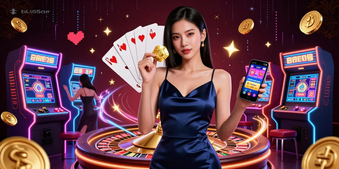 Win big at bl555on with a stunning Asian woman showcasing a casino app and golden chip.