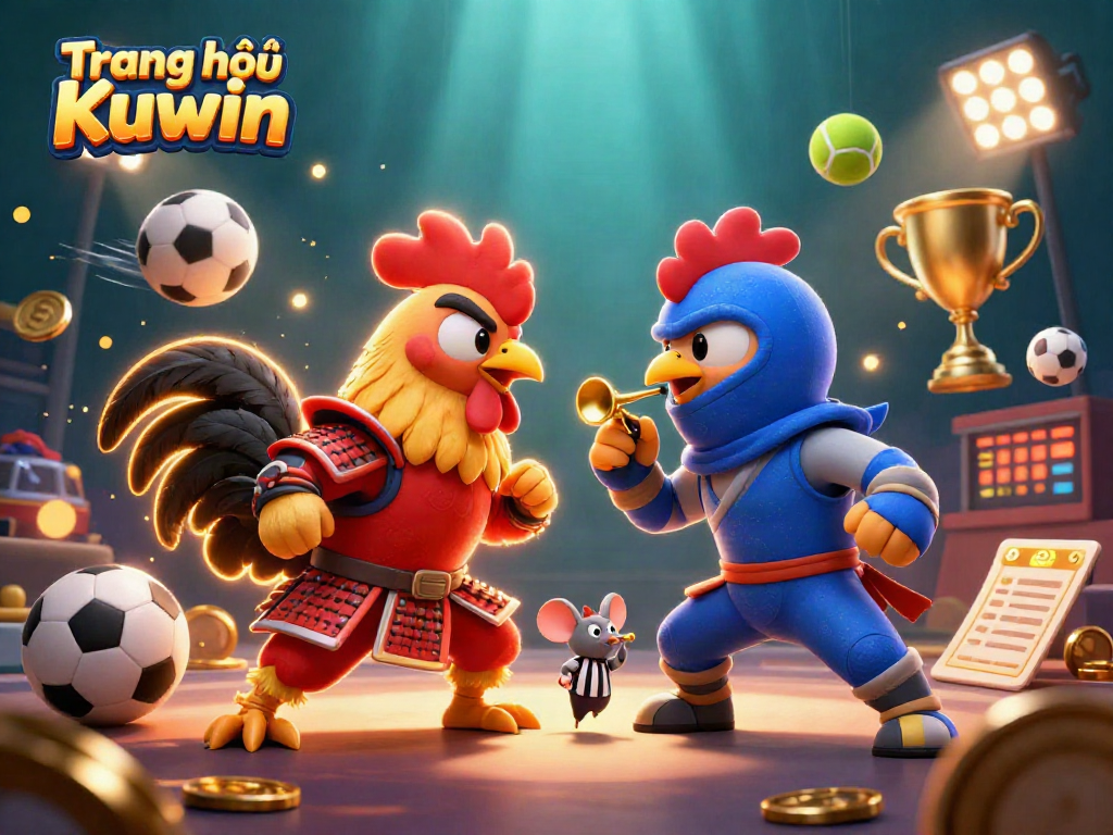 Engage with the thrilling Trang chủ Kuwin gaming scene featuring rooster fighters and dynamic sports elements.