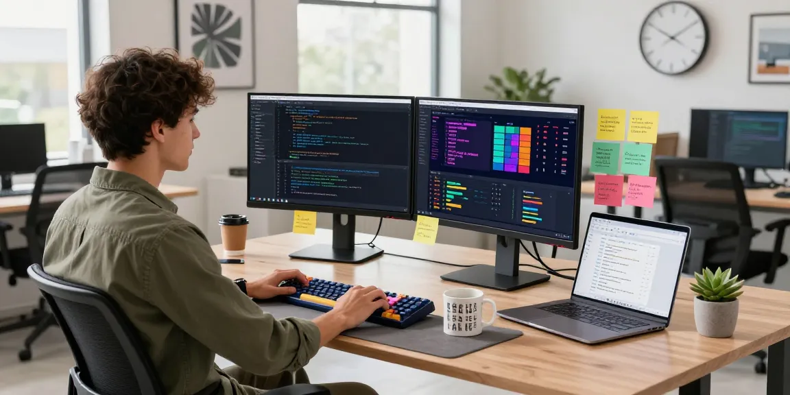 Young developer coding at modern desk with dual monitors showcasing rti scheduler in a bright tech workspace.