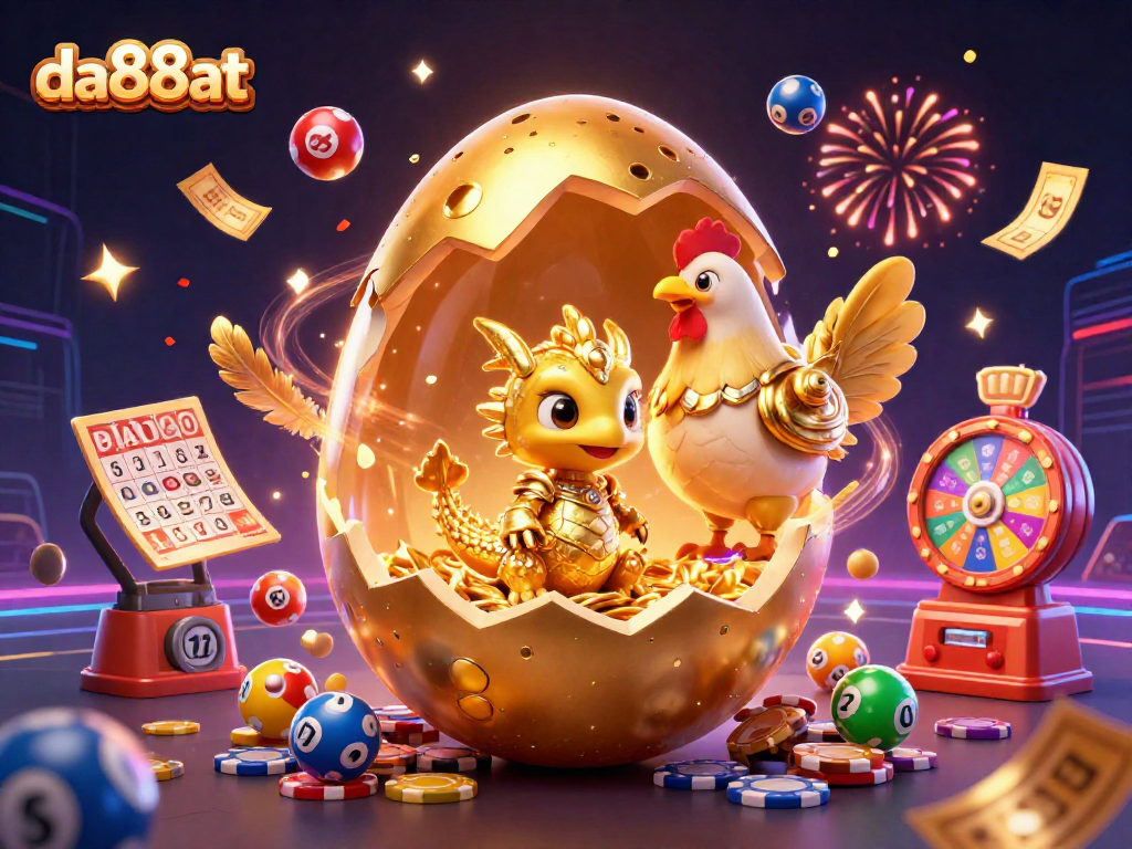 Engage with da88at's vibrant gaming world featuring a golden dragon, poker chips, and lottery balls.