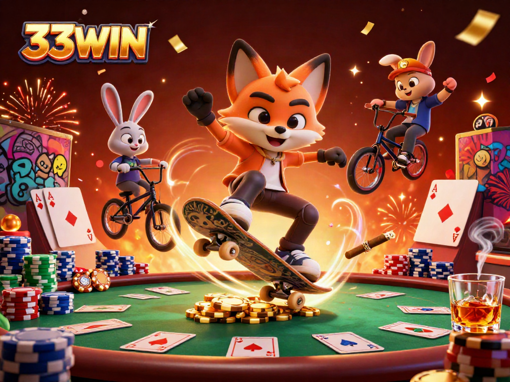 Experience thrilling gameplay with 33WIN in a vibrant casino atmosphere featuring dynamic characters.