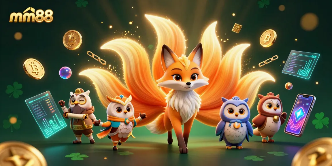Engage with mm88's vibrant gaming experience featuring animated characters and colorful cryptocurrency elements.