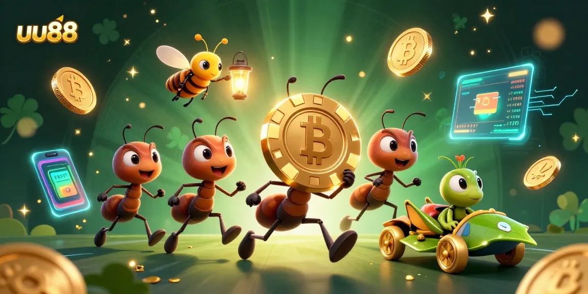 Ants executing a heist with a giant poker chip at uu88, surrounded by crypto elements for a vibrant casino theme.