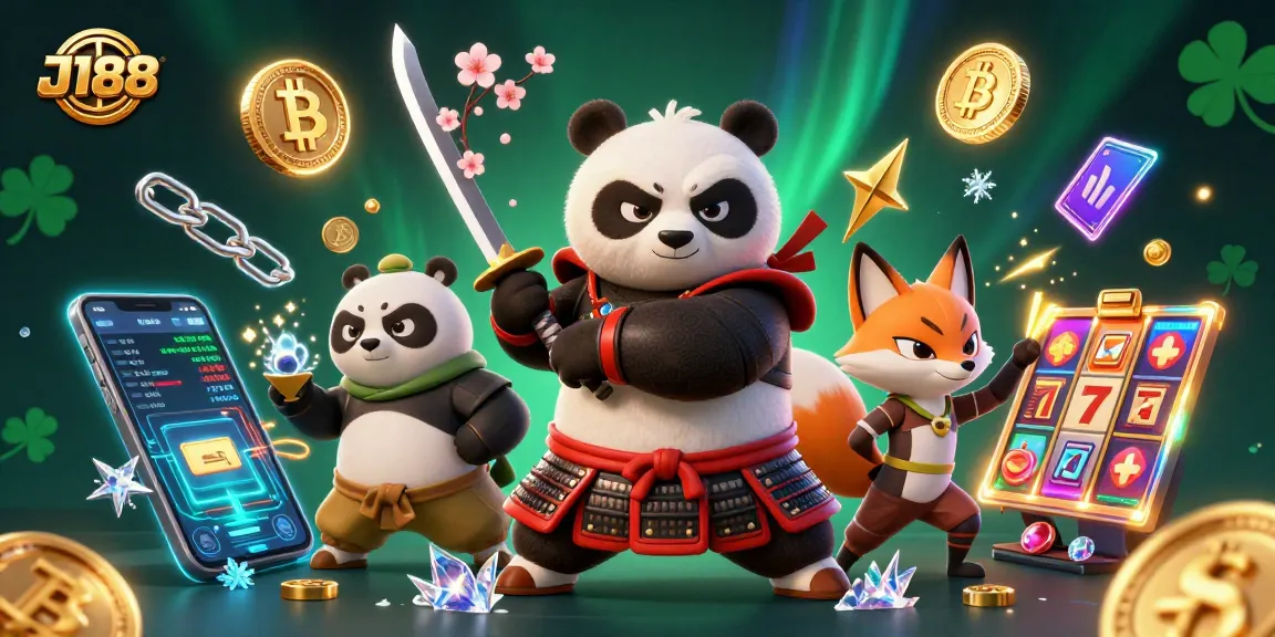 Experience J188 adventure with samurai panda, fox, and tanuki in vibrant online casino scene.