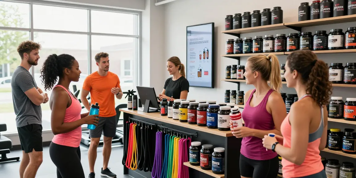 A group of fitness enthusiasts exploring products at Astera Shop, showcasing a vibrant gym environment filled with fitness gear and natural light.