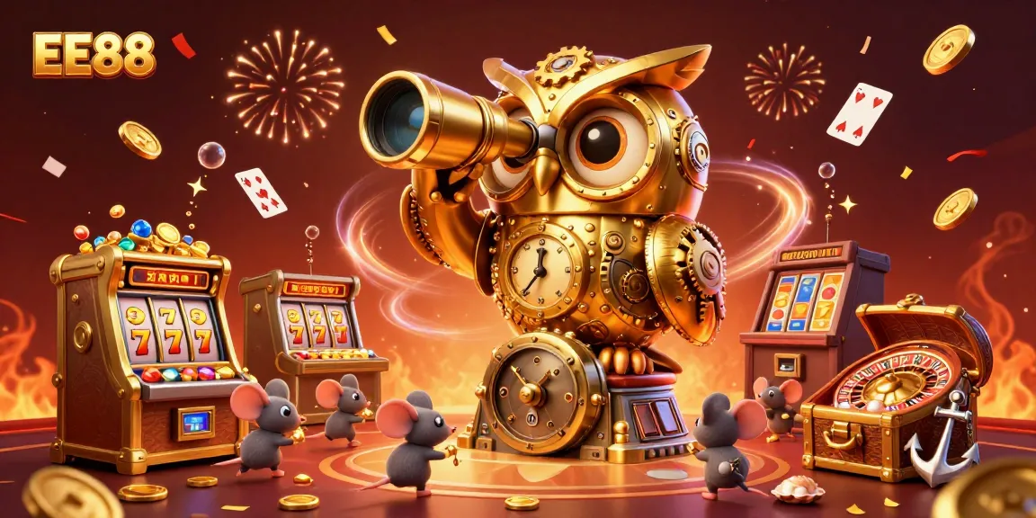 Spin the reels at EE88, featuring a golden owl guiding players through a vibrant casino adventure.