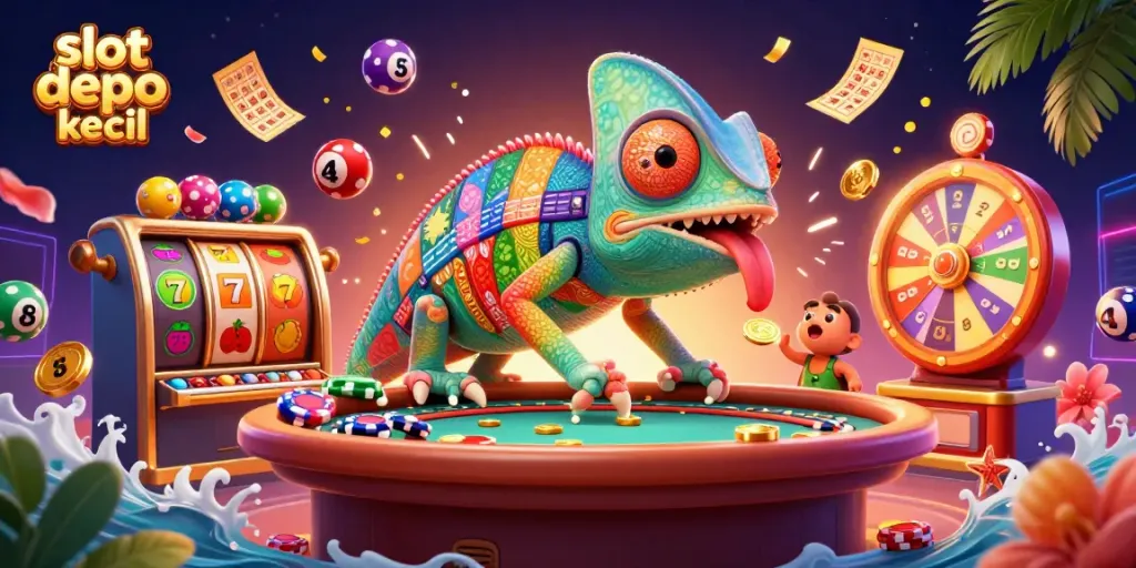 Experience thrilling slot depo kecil excitement with a vibrant 3D chameleon casino scene full of action
