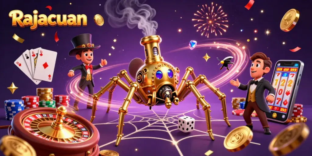 Spin the reels on Rajacuan's vibrant casino world filled with golden coins and thematic treasures.