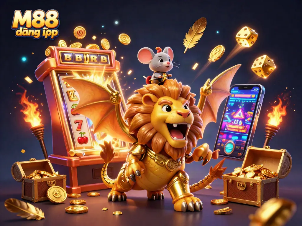 Engage with M88 đăng nhập for a thrilling gaming adventure featuring a chimera and slot machine.