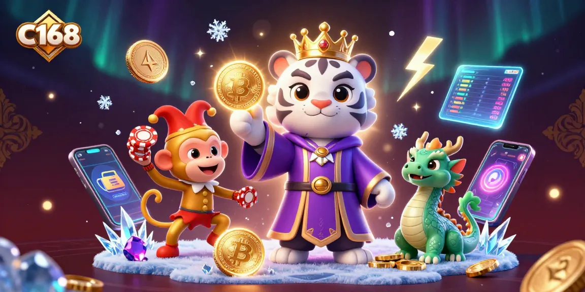 C168 engages players with a vibrant 3D casino scene featuring a royal tiger and playful monkey.