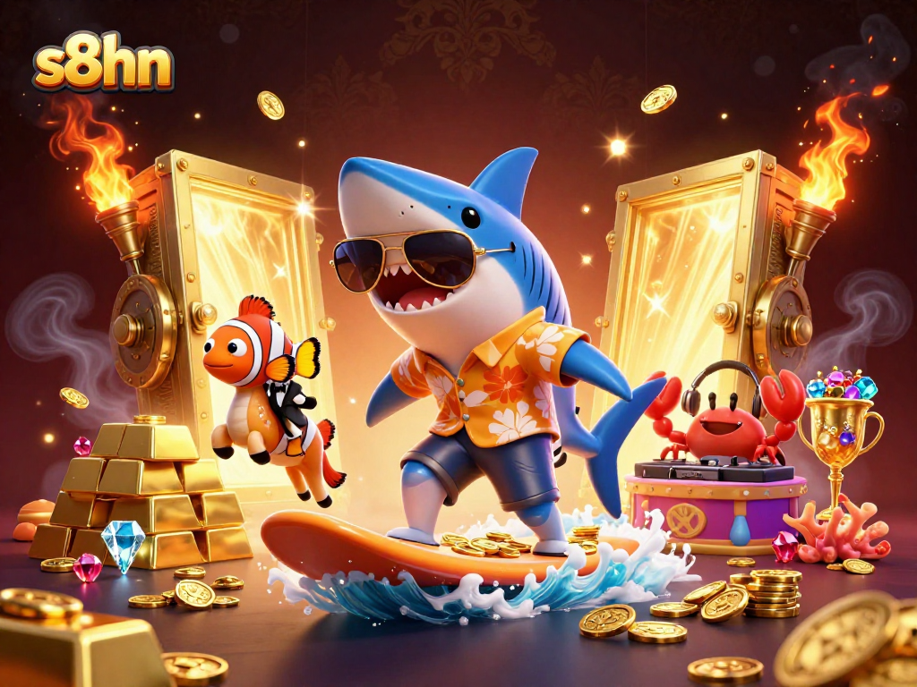 Experience thrilling wins at s8hn with vibrant casino-inspired underwater characters surfing on a gold wave.