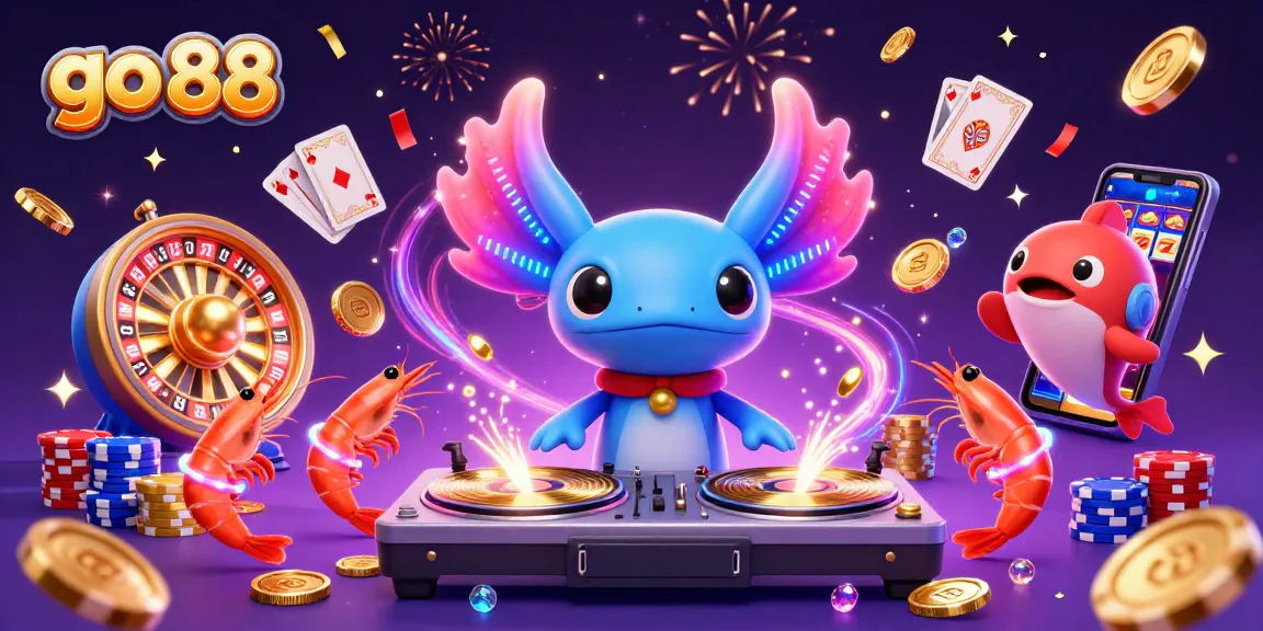 Engage with go 88's vibrant casino illustration featuring an axolotl DJ and lively gaming elements.