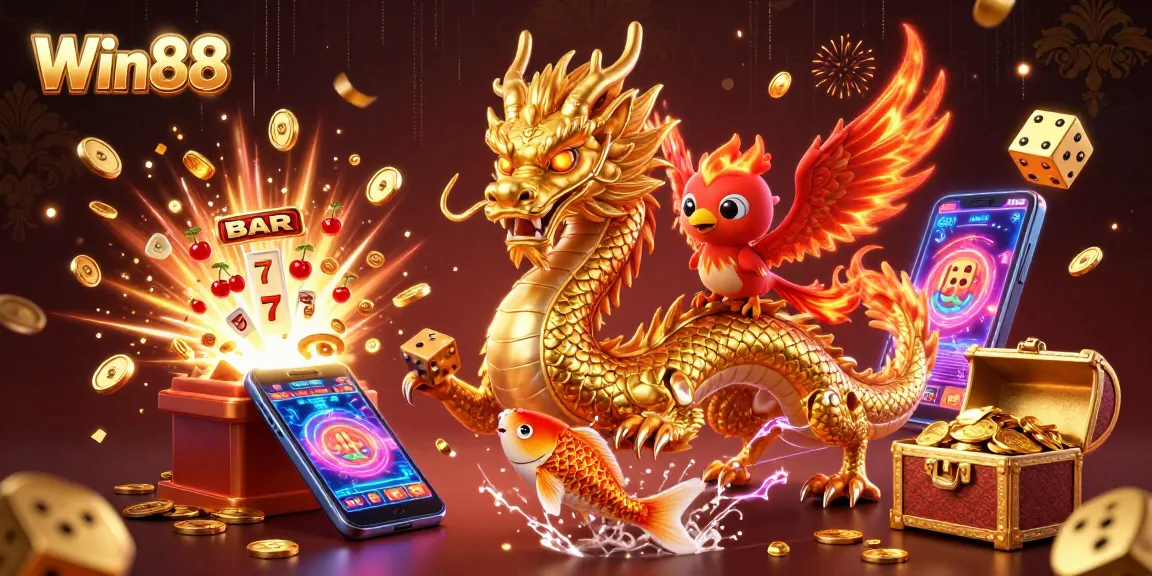 Win88 dragon and phoenix unleash a jackpot with vibrant slot machine and golden coins!