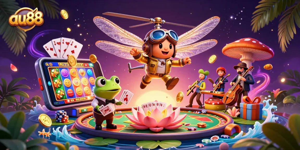 Experience exciting gaming at au88 with a cartoon dragonfly pilot and frog dealer amid vibrant casino visuals.