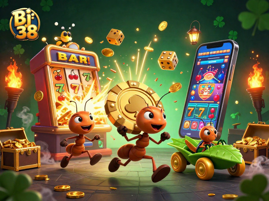 Engaging image depicting Bj 38 with cartoon ants heisting a giant poker chip amidst dynamic casino elements.