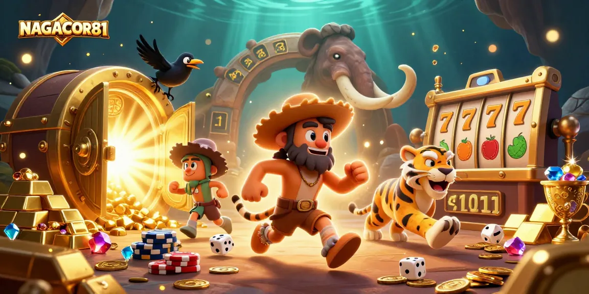 NAGACOR181 illustrates a prehistoric casino scene with unique characters and dynamic gambling elements.