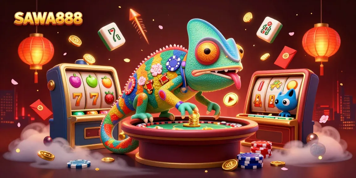 SAWA888 offers exciting gameplay with colorful slots and a dynamic chameleon casino owner in a vibrant scene.