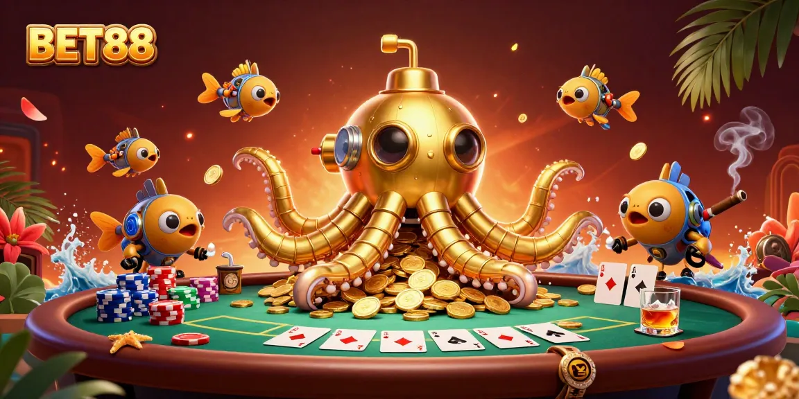BET88 players enjoying a dynamic poker scene with a golden kraken and mechanical fish swimming in gold coins.