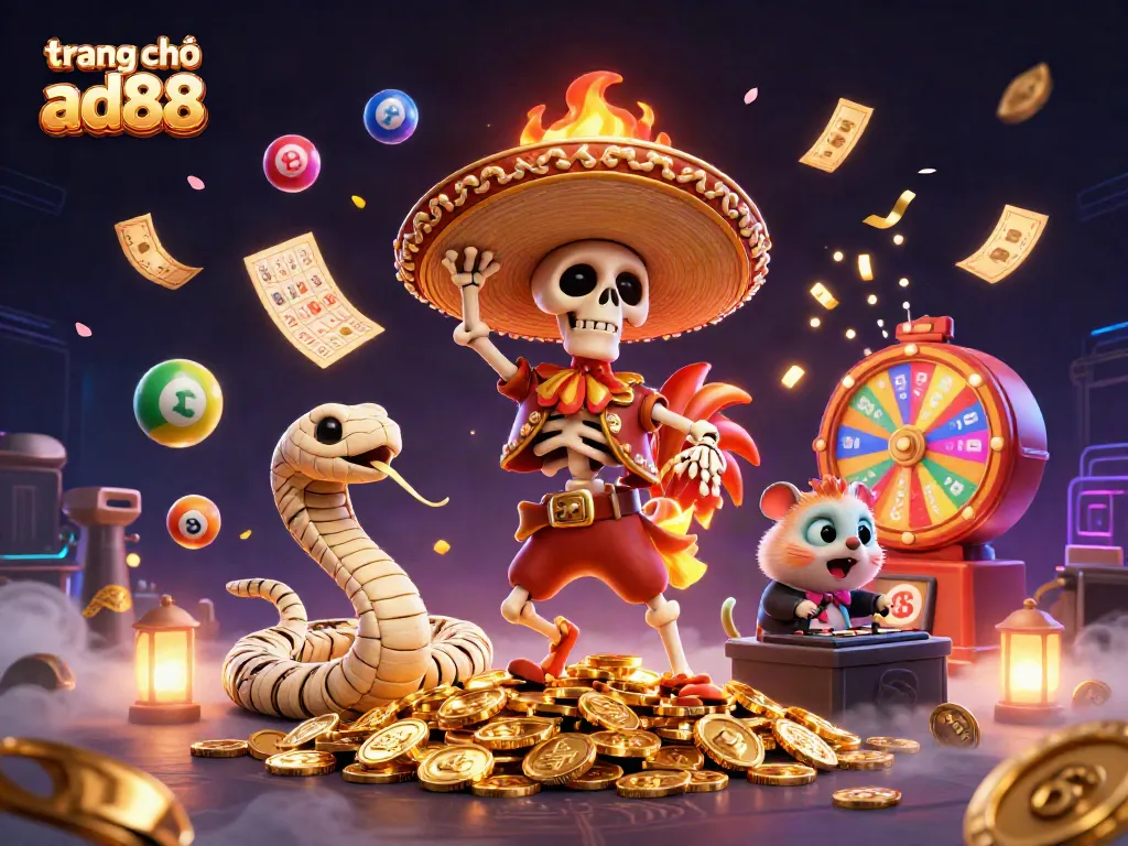 Experience the exciting world of trang chủ ad88 with vibrant elements like golden coins and lottery balls.