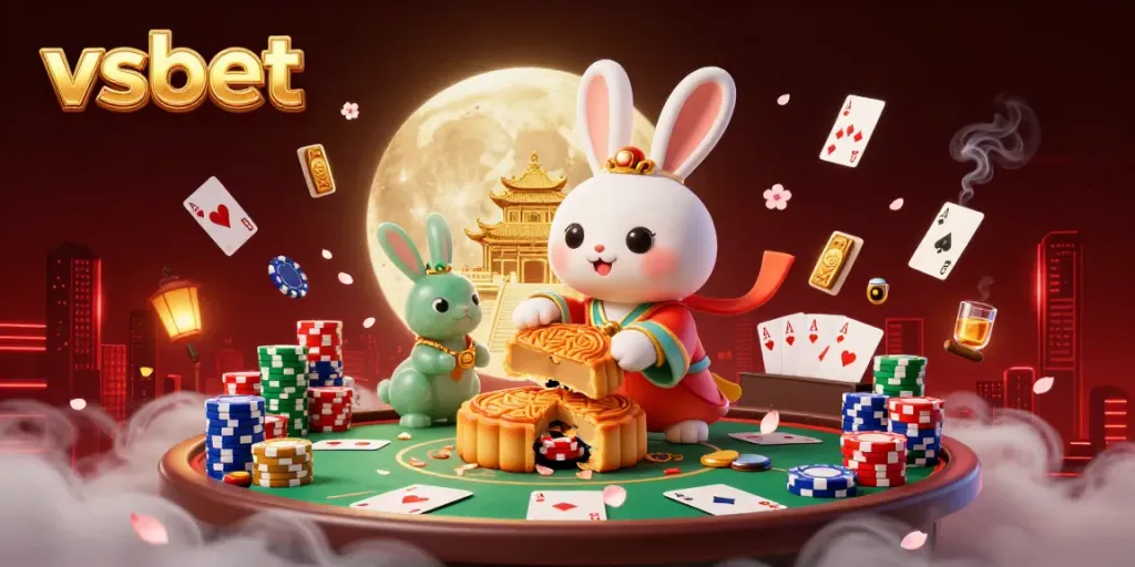Experience thrilling gaming at vsbet featuring a moon rabbit and poker chips on a mystical lunar backdrop.
