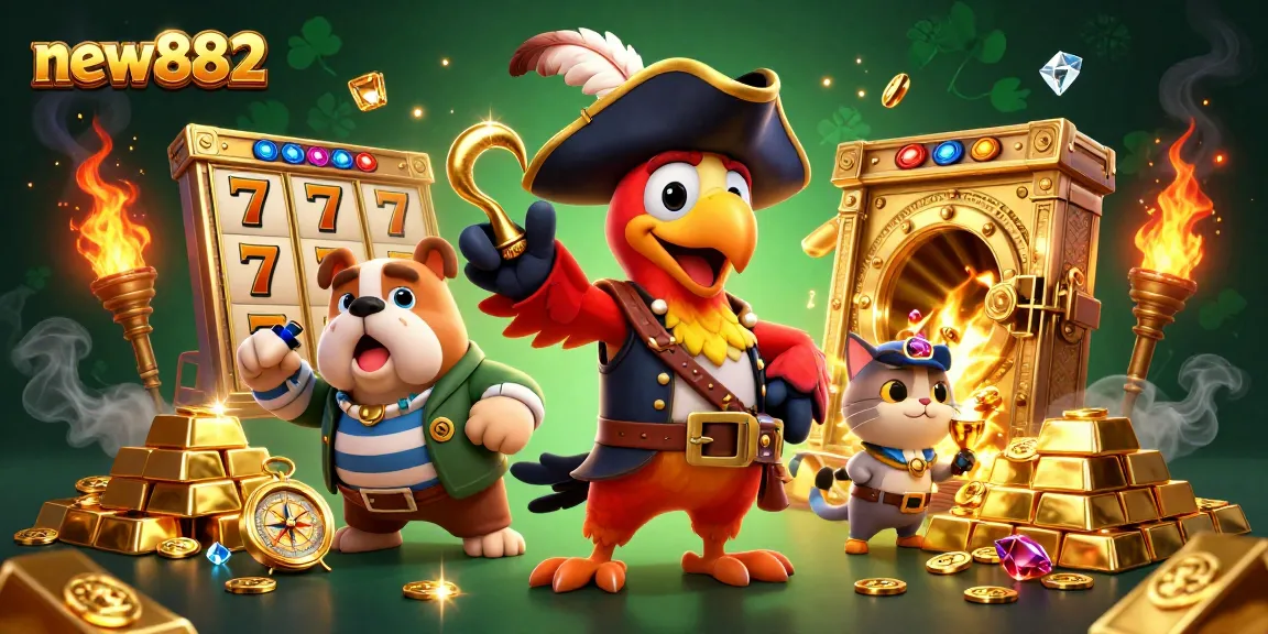 Spin the reels with new882 as the pirate captain, bulldog, and cat navigate a treasure-filled casino.
