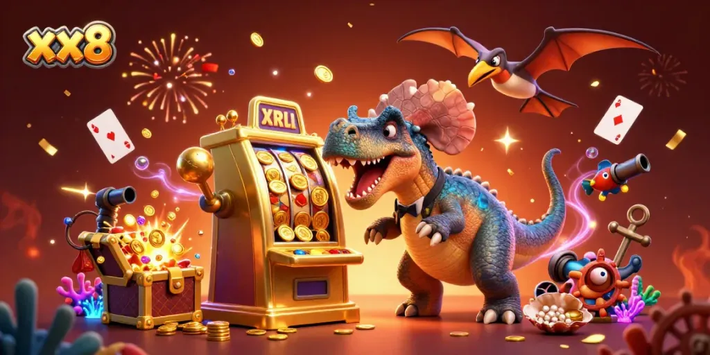 Experience xx8 excitement with a pachycephalosaurus triggering a jackpot in a vibrant casino scene.