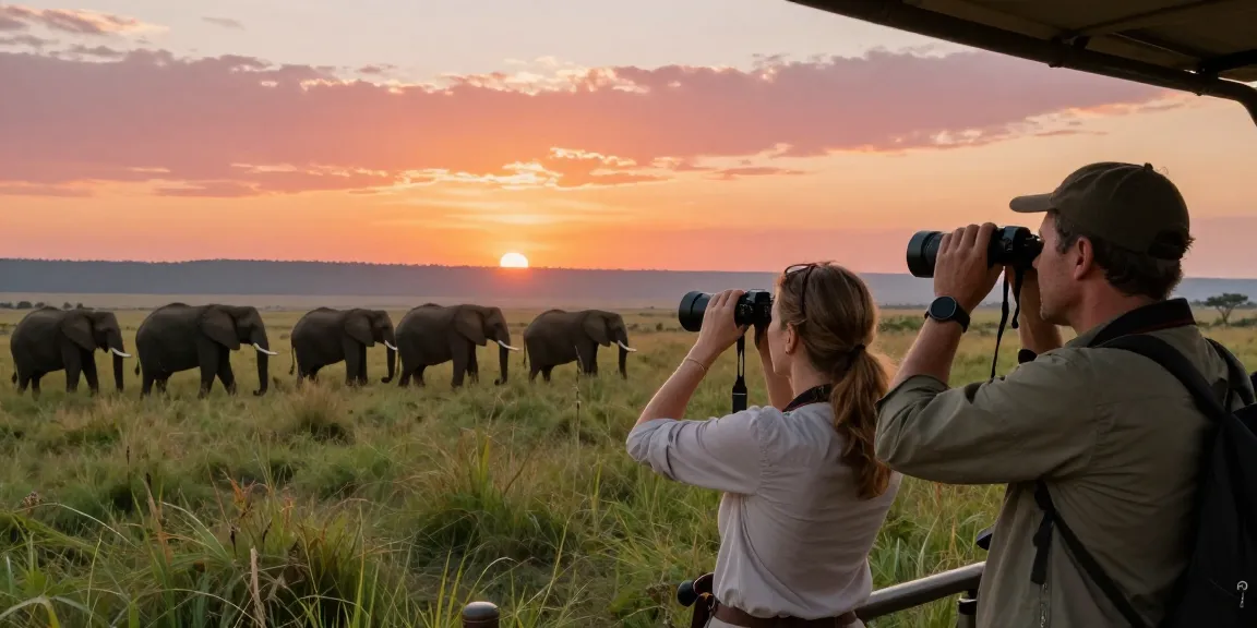 NAGA2000 travelers enjoying Kidepo Valley National Park wildlife experience with guide during sunset.