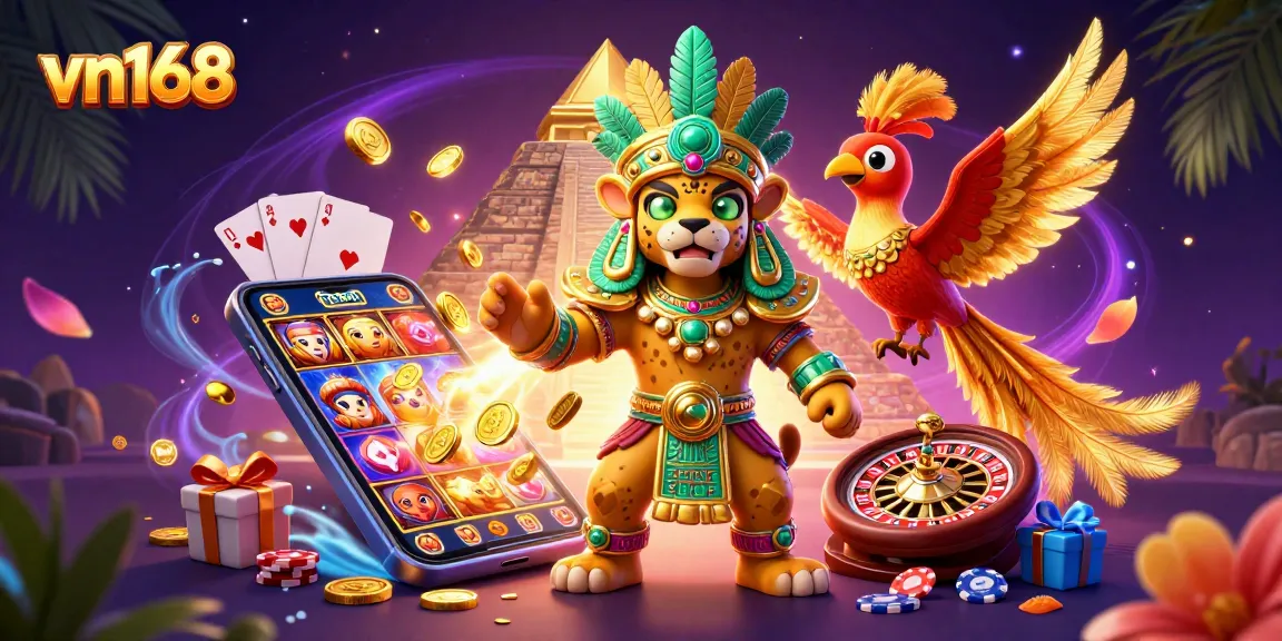 Experience thrilling wins at vn168 with the vibrant slot game scene featuring Mayan characters and casino elements.