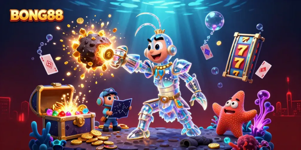 BONG88 activates big wins with a galactic mantis shrimp in this vibrant casino-themed illustration.