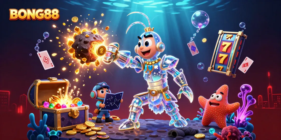BONG88 activates big wins with a galactic mantis shrimp in this vibrant casino-themed illustration.
