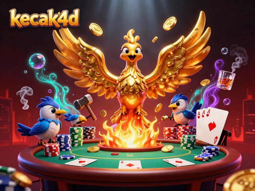 Engage with kecak4d's exciting casino environment featuring a golden phoenix and vibrant poker elements.
